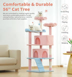 Made4Pets Cat Tree Tower 56" Cat Tower for Indoor Cats Kitten Tree Multi-Level Cat Tree with 2 Condo Furniture Activity Center with Scratching Posts Funny Toys (Pink Flower Blue)
