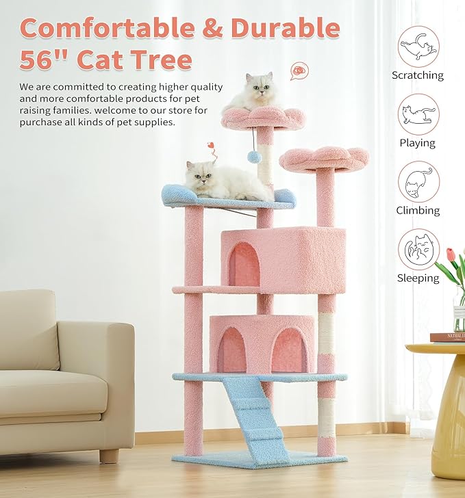 Made4Pets Cat Tree Tower 56" Cat Tower for Indoor Cats Kitten Tree Multi-Level Cat Tree with 2 Condo Furniture Activity Center with Scratching Posts Funny Toys (Pink Flower Blue)