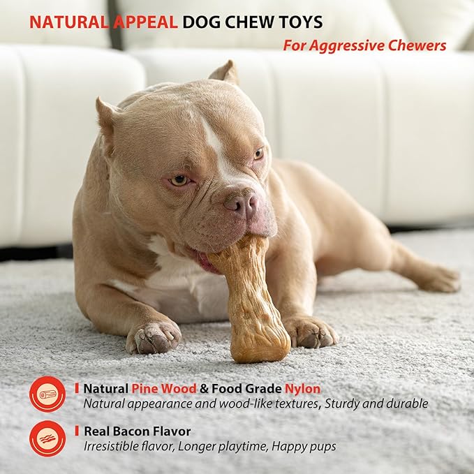 Willjoy 2-Pack Dog Chew Toys for Aggressive Chewers, Pine Wood & Tough Nylon, Bone Shaped Indestructible Dog Toy, Natural Looking Grooves & Textured, Bacon Flavor Large Dog Toys to Keep Them Busy