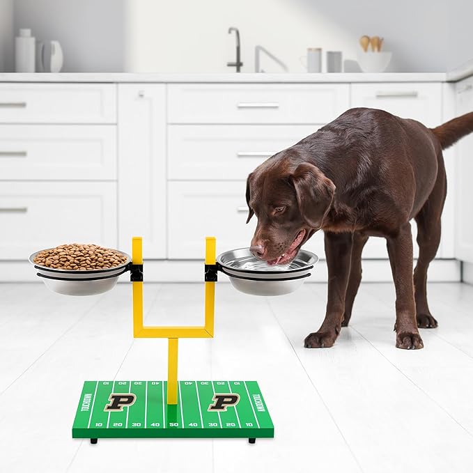 NCAA Purdue Boilermakers Goalpost Football Field Dog Feeder – Adjustable Elevated Dog Bowls with Stand, 2 Stainless Steel Bowls, Non-Slip Rubber Feet, Raised Pet Feeder for Large & Small Dogs