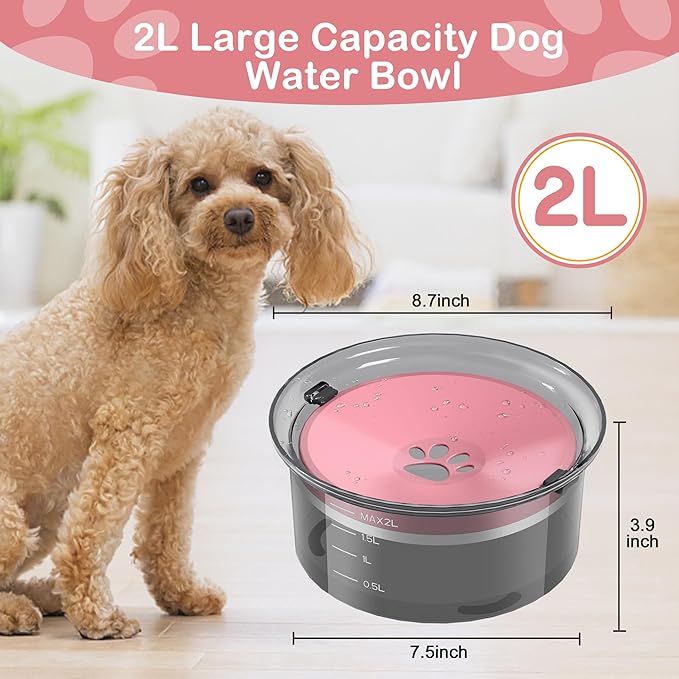 2L Dog Water Bowl Large Capacity Slow Water Feeder, No Spill Dog Bowl Splash Proof Pet Water Dispenser,Vehicle Carried Travel Water Floating Bowl for Dogs/Cats/Pets (Pink)