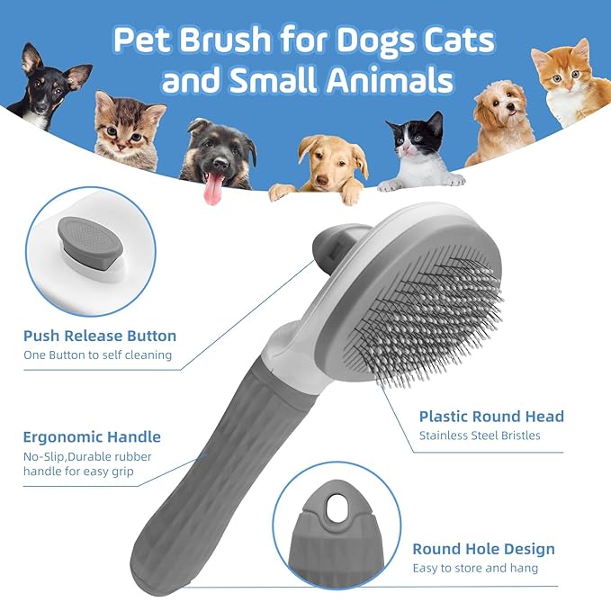 Cat Brush for Shedding,Self Cleaning Dog Brush for Shedding,Skin Friendly Cat Brushes for Indoor Cats Grooming Massage,Dog Slicker Brush for Cats Loose Fur Long&Short Hair Removal Grey