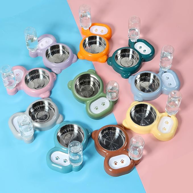 Dog Bowls, Cat Food and Water Bowl Set with Water Dispenser and Stainless Steel Bowl for Cats and Small Dogs - Yellow