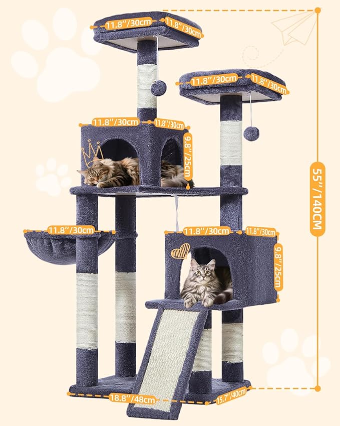 Taoqimiao 56.3-Inch Cat Tree, Cat Tower with Scratching Posts, Cat Tree House for Indoor Cats with hammocks, Toys, Condo and Large Scratch Board, Smoky Gray MS012G