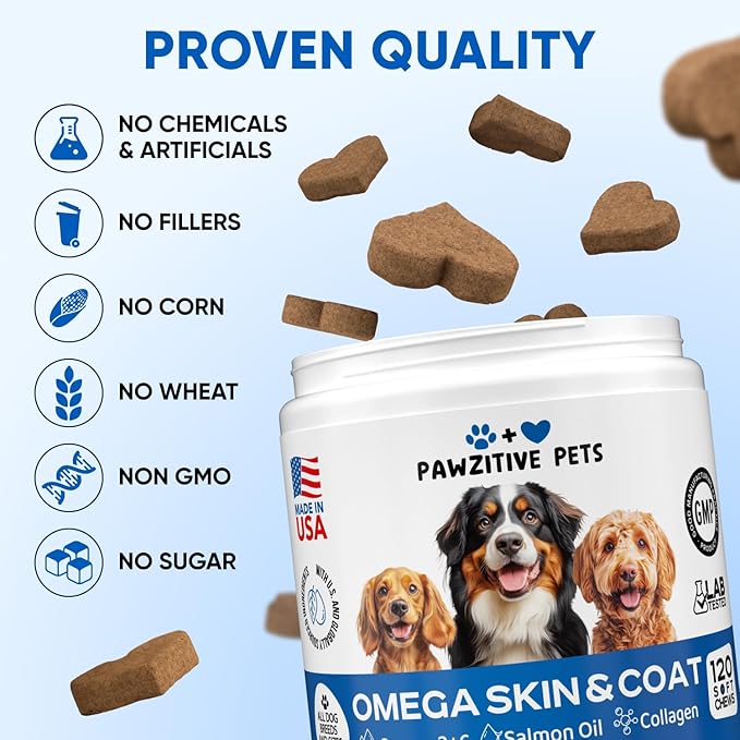 Omega 3 Fish Oil for Dogs Chews - Dog Skin & Coat Supplement for Itch Relief, Hot Spot Treatment - USA Product - Salmon Oil for Dogs Itching Skin Relief, Shedding, Hip & Joint Health - 120 Soft Treats
