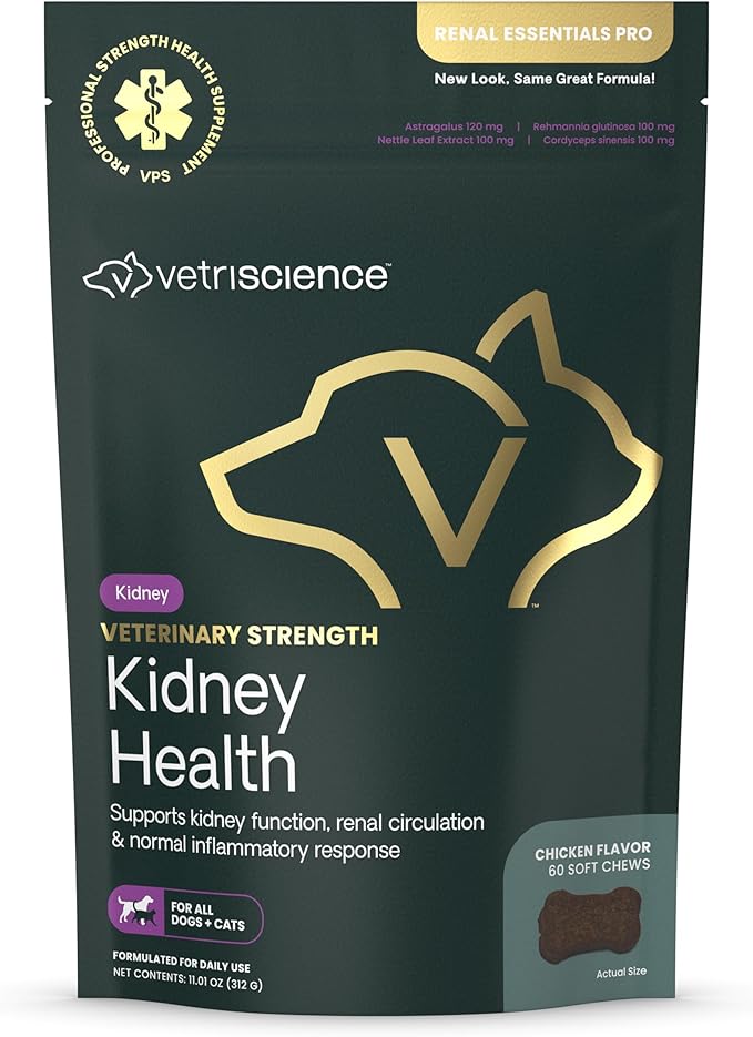 Vetriscience Veterinary Strength Kidney Health Chews - Balanced Kidney Support for Pets - Feline & Canine Renal Support - Holistic Formula - Chicken Liver Flavor - 60 Count