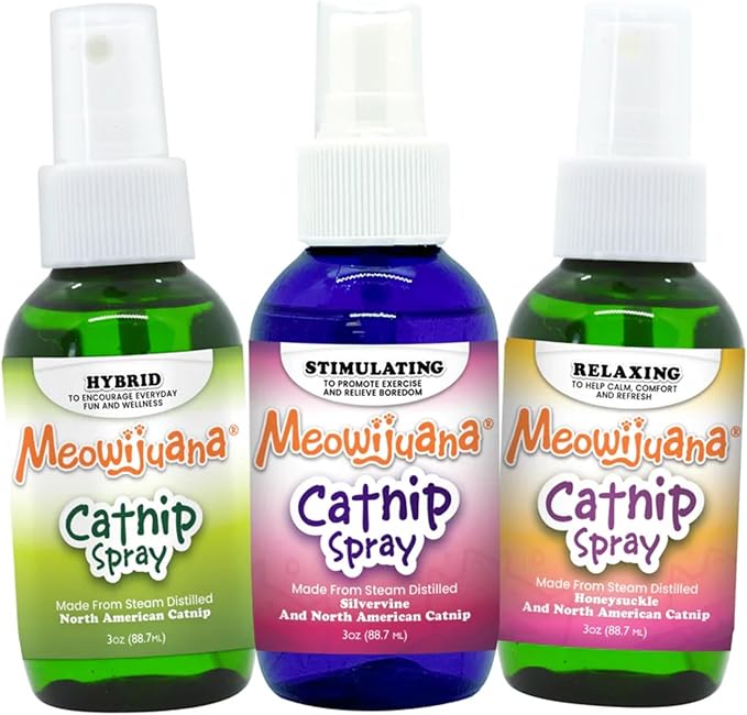 Meowijuana Catnip & Silvervine Spray Trio - 3 oz | High Potency Formula | Natural Formula for Pet Owners & Multi-Cat Households | Enhance Playtime & Relaxation | Perfect for New Cat Owners