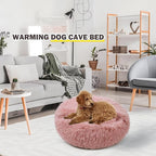 Cat Bed Calming Cat Beds,Indoor Washable Cat Bed，Anti-Slip Faux Fur Fluffy Cuddler Anxiety Cat Bed,Warming Cuddler Cushion Bed for Small Medium Dogs and Cats (Leather Pink, 20 * 20inch)