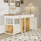 Dog Crate Furniture - Indoor Wood Dog Kennel Furniture 4 Doors with Divider and 2 Drawers - 72" L x 23.6" W x 33.5" H, White