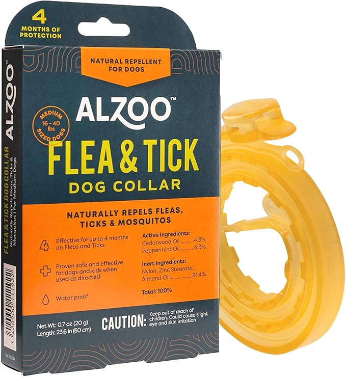 ALZOO Natural Flea & Tick Dog Collar - Helps Repel Fleas, Ticks & Mosquitoes - 100% Plant-Based Active Ingredients - Waterproof - Up to 4 Months Protection - Medium-Sized Dogs: 16-40 lbs - Single