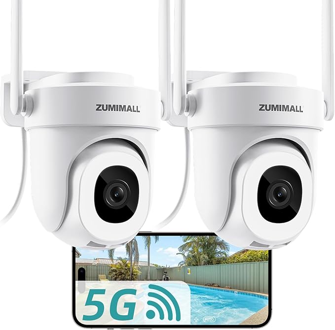 ZUMIMALL 3MP Outdoor Camera Wired 2.4G/5G WiFi - 2-Pack, 24/7 Recording, AI Motion Detection, Cloud & SD Card Storage, 2-Way Audio, PTZ Camera Auto Tracking, Compatible with Alexa Google