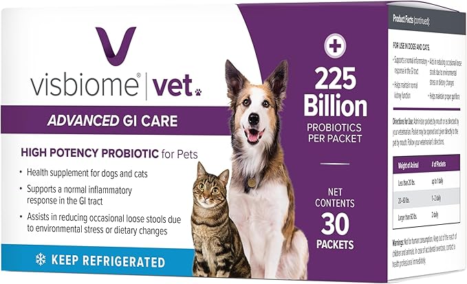 Visbiome® Vet Advanced GI Care High Potency Probiotic for Dogs & Cats – 225B CFU, 8-Strain Formula – Refrigerated, Veterinarian Recommended, Clean Label Certified – 30 Packets