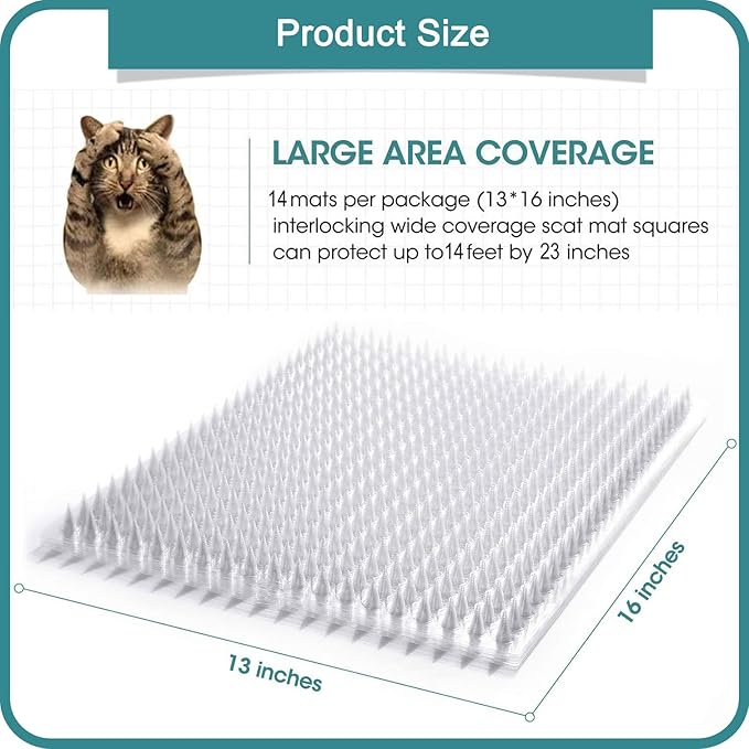 14 Pack Cat Deterrent Outdoor/Indoor Scat Mat, Pet Deterrent Training Mats, Keep Cats/Dogs Away Plastic Mats with Spikes, 23 Sq.ft, 16 x 13 Inches