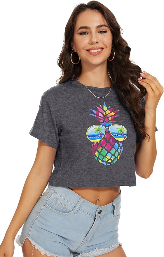 Womens Summer Crop Tops Short Sleeve Round Neck T-Shirts Loose Fit Casual Blouse