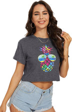 Womens Summer Crop Tops Short Sleeve Round Neck T-Shirts Loose Fit Casual Blouse