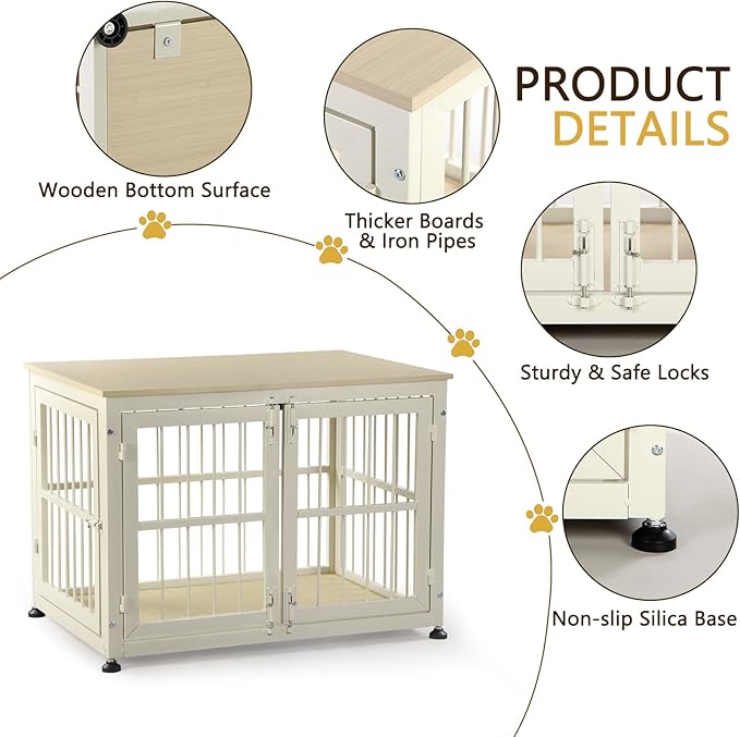40 Inch Dog Crate Furniture for Large Medium Dogs, Wooden Heavy Duty Dog Kennel with Double Doors, Decorative Pet House Dog Cage Side End Table Indoor, Pet Cage Dog House, Beige