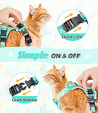 Halypet Cat Harness and Leash Set[MAX Safety 4th-Gen] Cute Escape Proof Vest Harness for Girl&Boy Cat Walking, Comfortable Adjustable Leash and Reflective Strips for Outdoor Kitten, M Green Tropics