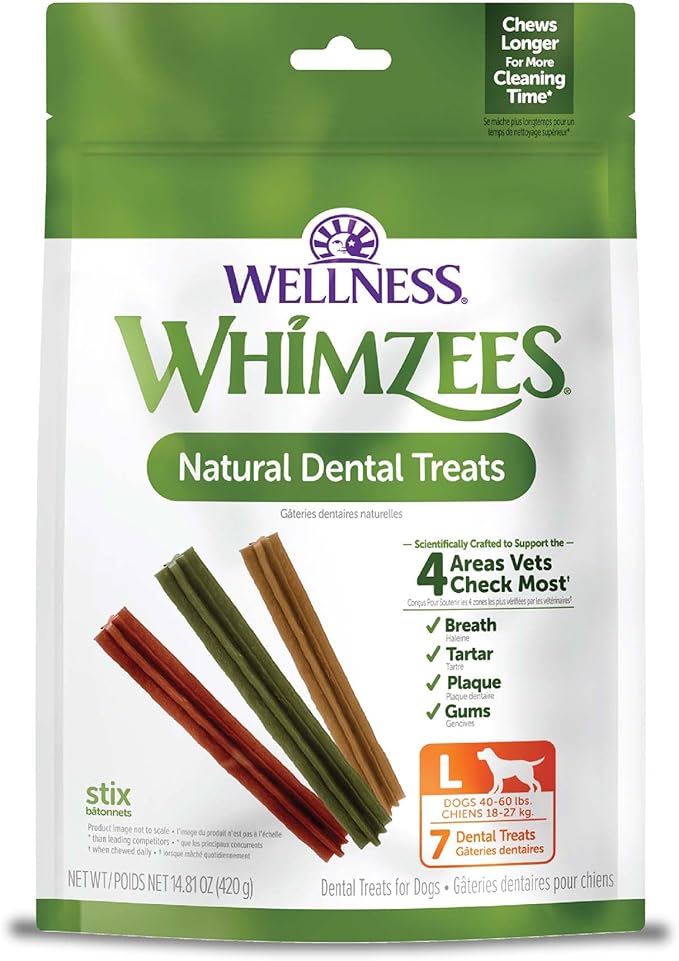 Whimzees Wellness Stix Dog Dental Treats, Natural Chews, Large Size Stick, (7 Count)