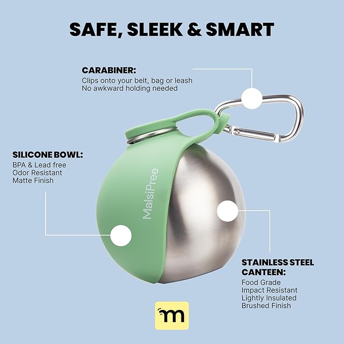 Malsipree 2-in-1 Portable Dog Water Bottle & Bowl for Small Dogs - Leak Proof & Insulating - Travel Water Dispenser - Stainless Steel Bottle & Silicone Bowl - Walking & Hiking (10 fl oz, Sage)