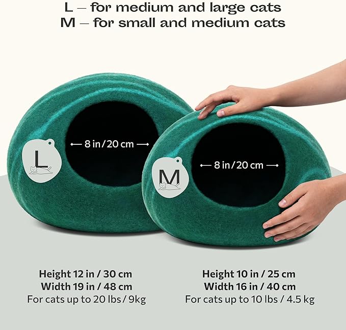 MEOWFIA Cat Cave – Premium Felt Cat Bed for Indoor Cats, Handmade 100% Merino Wool (Dark Shades) (Large, Emerald)
