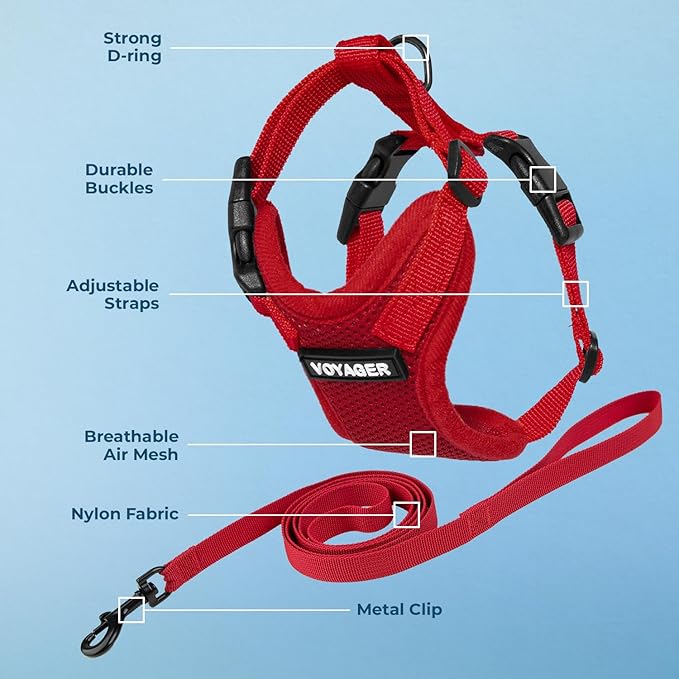 Voyager Escape-Proof Step-in Lock Cat Harness & 5ft Neoprene-Handle Leash Set All-Weather Mesh with Reflective Stitching for Small to Large Cats by Best Pet Supplies, Red, XXS