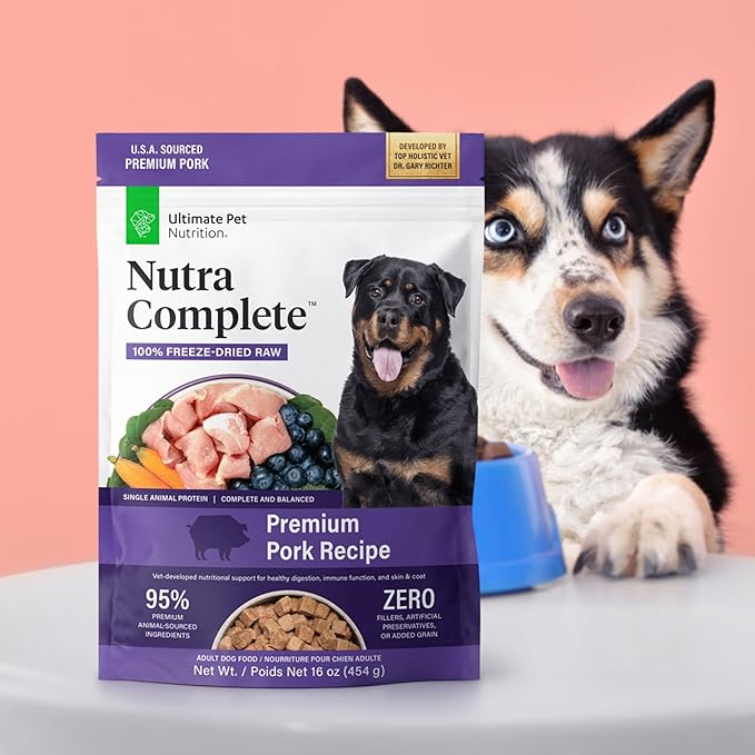 ULTIMATE PET NUTRITION Nutra Complete, 100% Freeze Dried Veterinarian Formulated Raw Dog Food with Antioxidants Prebiotics and Amino Acids, (1 Pound, Pork)
