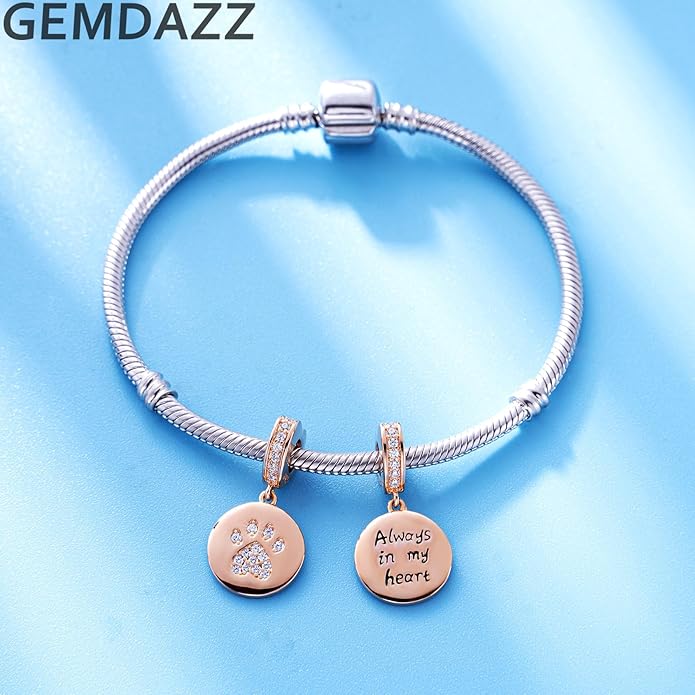 GEMDAZZ Sparkling Puppy Paw Print Charms in 925 Sterling Silver, Pave Dog Pawprint CZ Round Beads and Always in My Heart Charms, Gift for Animal Lover, fit European Women Bracelet/Necklace