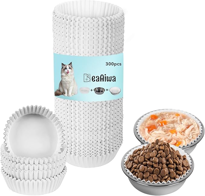Disposable Cat Food Bowl Set (300 Pcs Small Paper Bowls + 2 Pcs Stainless Steel Pet Bowls) Dog Disposable Bowls Disposable Cat Plates for Wet Food Pet Food Bowl for Pet Feeding Station(White)