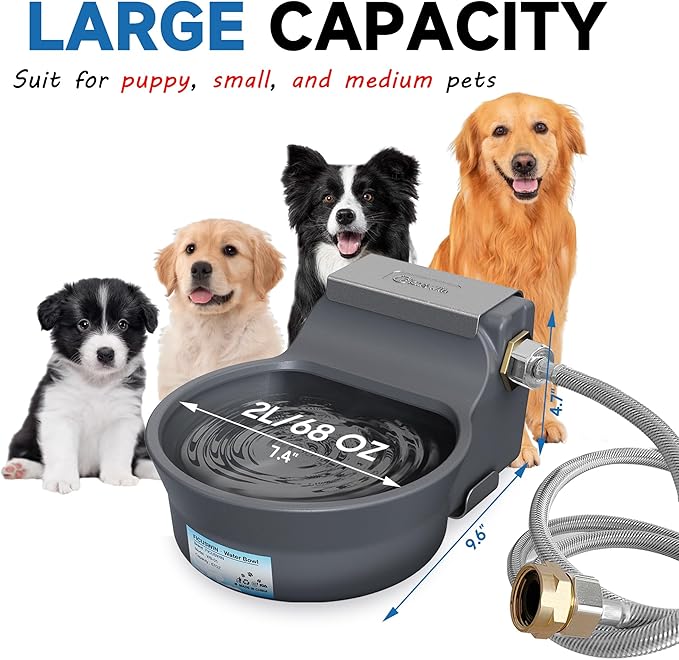 Automatic Dog Water Dispenser with Anti-tip Bracket, 68 oz Outdoor Dog Water Bowl Dispenser, Auto Refill Water Feeder for Pets & Livestock, Food Grade Waterer Fit 3/4" GHT Faucet, Wide Mouth