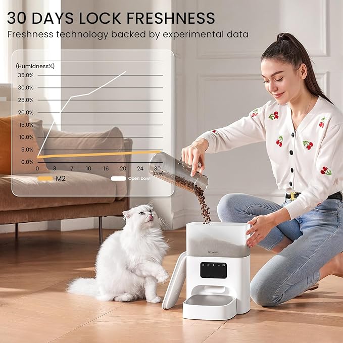 PET MARVEL Automatic Cat Feeder Keep Freshness for 30 Days, Timed Cat Dry Food Dispenser 4.4L, Programable 1-8 Meals Up to 6 Portion Smart Control with LED Display White Visable Semi-Transparent Tank