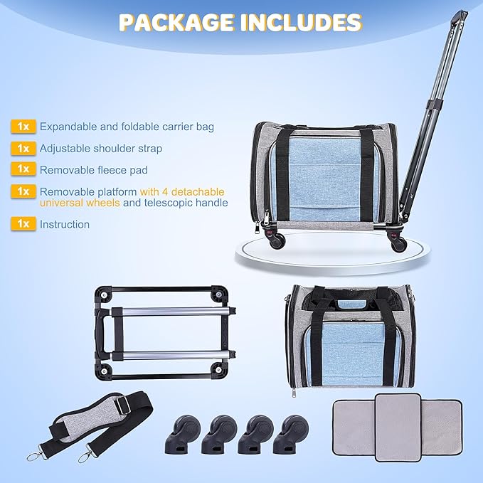 Pet Carrier with Wheels for Cat and Small Dogs: Expandable Airline Approved Rolling Cat Carrier - Cat Carrier Soft for Pets Under 25lbs Travel Plane Trip