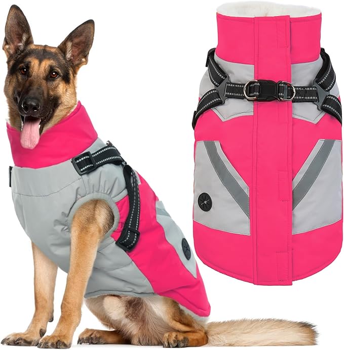 IECOii Dog Coat for Large Dogs Waterproof Dog Winter Jacket with Harness Built in, Rosered - XXLarge, Thermal Warm Fleece Lined, Reflective Dogs Jackets for Cold Weather Camping, Hiking, Pitbull