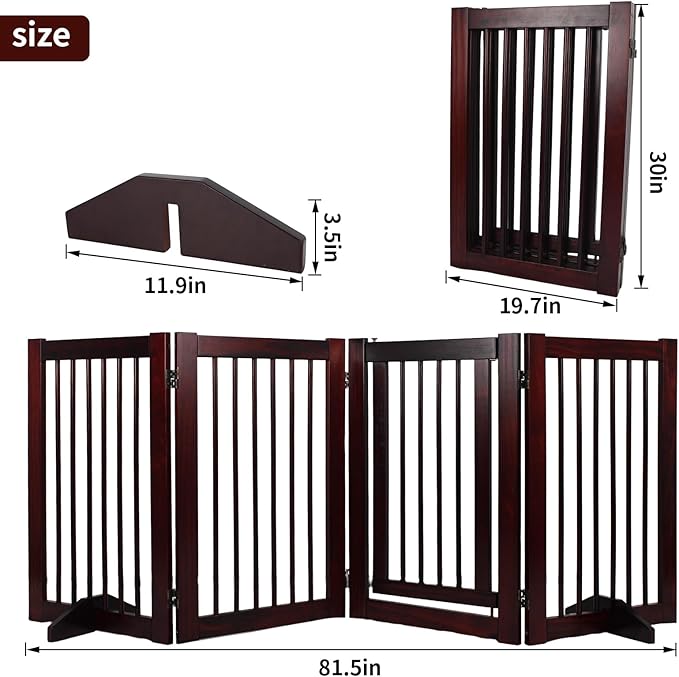 Wooden Freestanding Pet Gate, Pet Gate for Dogs, 29.5inch 4-Panel Wooden Dog Fence with 2 Support, Feet Folding Dog Gate for Indoor, Doorway, Stairs, Kitchen, 81.5“L×30”H (Brown)
