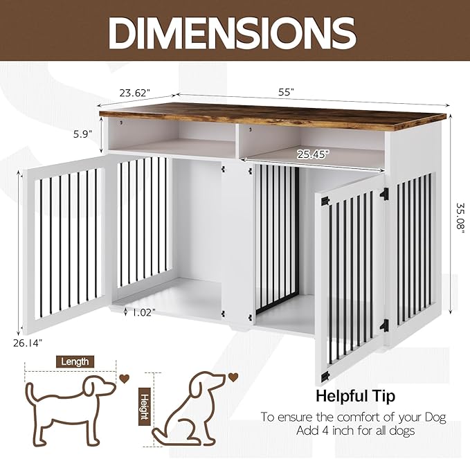 Dog Crate Furniture for 2 Dogs, 55 Inch Dog Crate Indoor with Removable Divider and Shelf Storage, Wooden Dog Crates for Medium Dogs, White