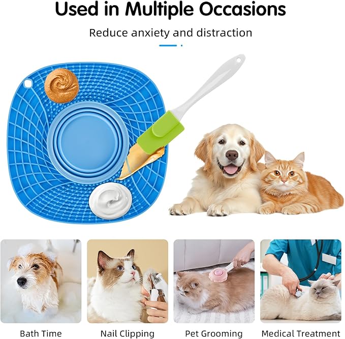 Lick Mat for Small Dogs and Cats with Suction Cups, Silicone Slow Feeder Lick Pad with Collapsible Bowl for Anxiety Relief, Pet Puzzle Treat Mat for Bathing Grooming Trimming (Blue)