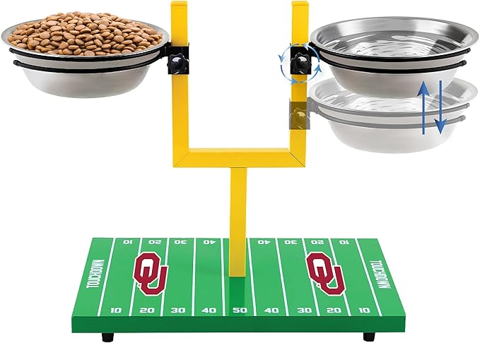 NCAA Oklahoma Sooners Goalpost Football Field Dog Feeder – Adjustable Elevated Dog Bowls with Stand, 2 Stainless Steel Bowls, Non-Slip Rubber Feet, Raised Pet Feeder for Large & Small Dogs