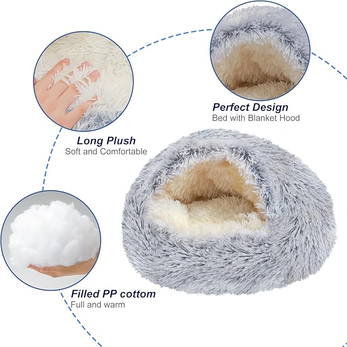 Cat Cave Beds for Indoor Cats, Round Fluffy Calming Cat Bed with Hooded Cover, Donut Calming Cozy Pet Bed for Anxiety Cats and Puppies - Dia 20"