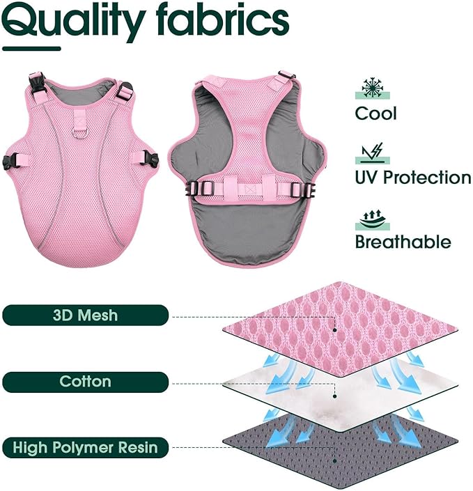 Kuoser Dog Cooling Vest for Large Dogs, Lightweight Doggie Cooler Jacket Breathable Mesh Pet Cooling Shirts Reflective Puppy Cool Harness for Beach, Hiking, Walking Pink XL