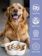 Ceramic Slow Feeder Dog/Cat Bowl, Anti-Choking Slow Food Bowls, 8" 11.3oz Slow Feeder for Medium, Large Breeds, Plum Puzzle Design, Non-Slip Silicone, Dishwasher and Microwave Safe, White