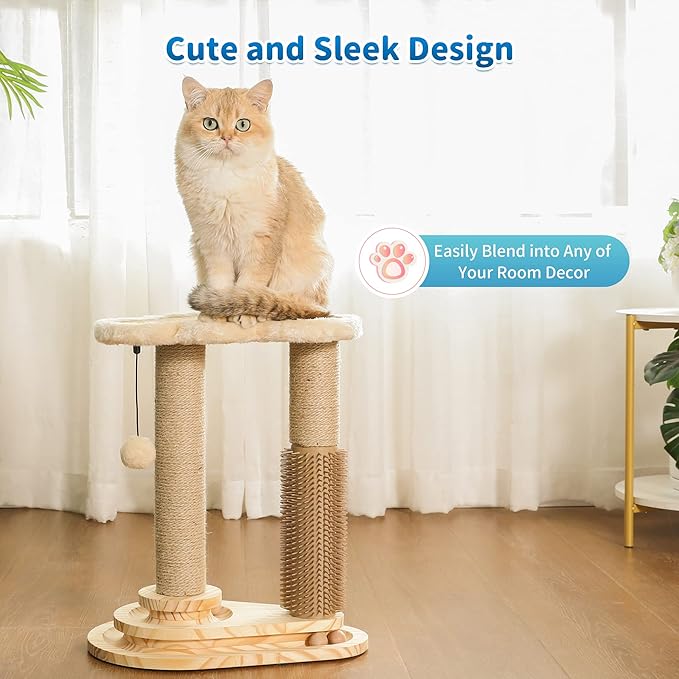 Made4Pets Cat Scratching Post, Cat Self Groomer for Indoor Cats, Cloud Soft Perch for Rest, 17.5" Tall Natural Sisal Scratcher Cat Grooming Interactive Ball Track Toys for Small Cats Kittens