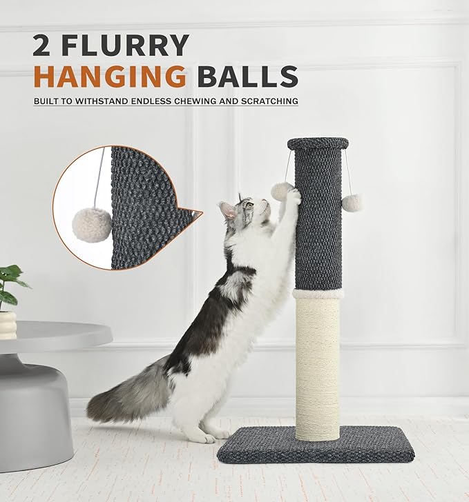 Made4Pets Tall Cat Scratching Post, Heavy Duty and Thicker Scratching Posts for Indoor Cats Adults, 23.6" Natural Sisal Cat Scratcher with Hanging Balls, Sturdy Base Cat Scratch Post, Dark Grey