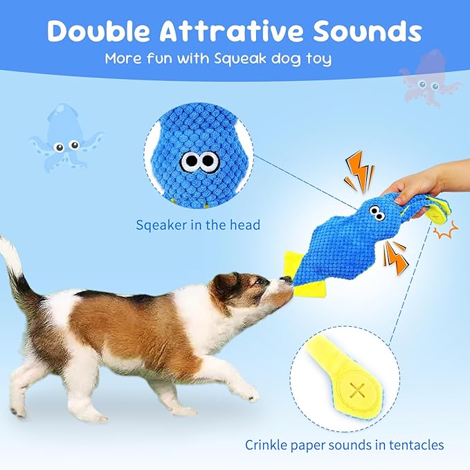 wodoca Squeaky Dog Toy, Dog Puzzle Training Enrichment Crinkle Snuffle Treat Dispensing Stuffed Plush Chew Toys to Keep Them Busy, Interactive Tug of War Doggie Toy for Small Medium Breed - Squid