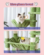 Cat Tree for Indoor Cats Large Adult, 74" Cat Tower with 3 Big Platforms, 2 Baskets, 2 Condos, Multi-Level Cat Scratching Posts, Green GCT030GR