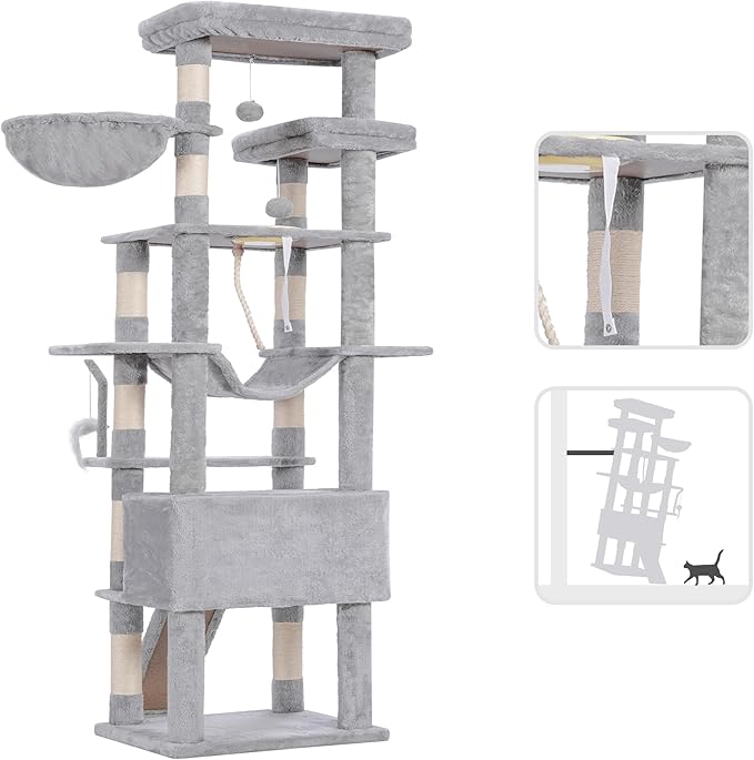 Heybly Tall Cat Tree, 78-inch Multi-Level Cat Tower for Indoor Cats, 2 Widened Plush Perches Cat Condo with Scratching Board and Big Caves, Light Gray HCT033W
