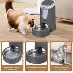 Automatic Cat Water Feeder and Food Bowl, Gravity Stainless Steel Cat Waterer Set for Small Medium Kitten Puppy Pets(1 Gallon + 12oz，Grey)