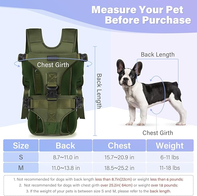 YUDODO Front Pet Carrier Backpack for Small Dogs and Cats, Secure and Breathable Mesh, Ergonomic Support, Adjustable for Walking, Hiking, or Travel (Army Green-Pro S)