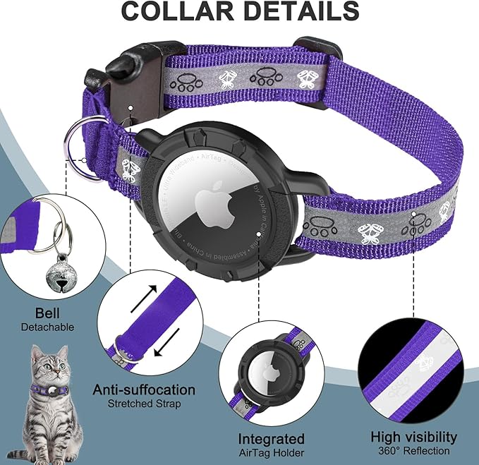 Reflective AirTag Cat Collar, Integrated Cat Tracker Collar with Air Tag Holder and Bell, Safety Elastic Band Cat GPS Collars for Girl Boy Cats, Kittens and Puppies (Purple, S)