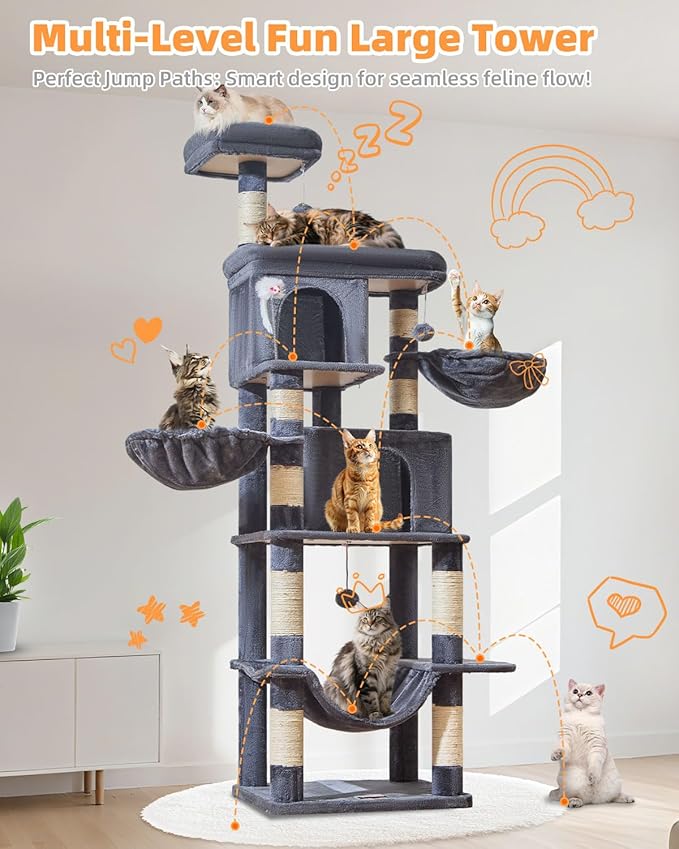 Taoqimiao Cat Tree, 77-Inch Cat Tower for Large Cats Multi-Level Cat Condos for Indoor Cats with 2 Condos, Extra-Lagre Platform, 2 Hanging Baskets, Hammock, 8 Scratching Posts, MS044G Smoke Gray