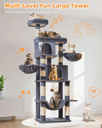 Taoqimiao Cat Tree, 77-Inch Cat Tower for Large Cats Multi-Level Cat Condos for Indoor Cats with 2 Condos, Extra-Lagre Platform, 2 Hanging Baskets, Hammock, 8 Scratching Posts, MS044G Smoke Gray