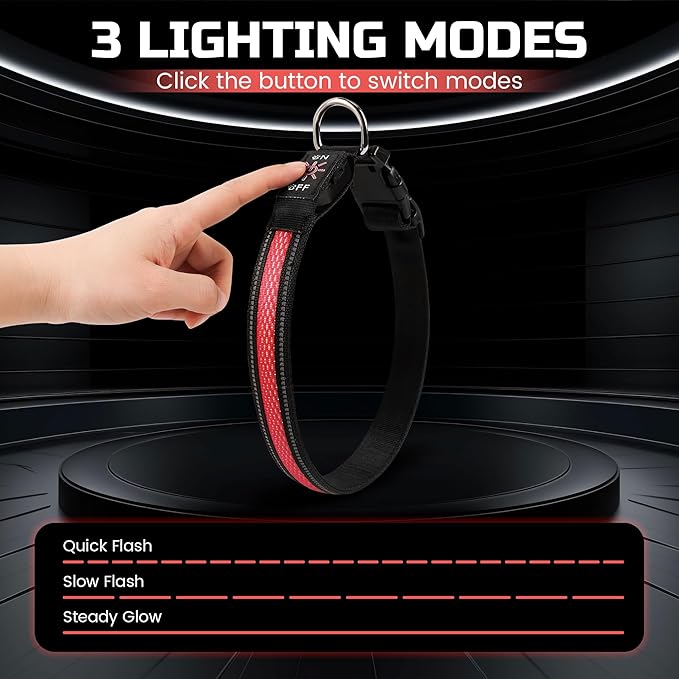 Light Up Dog Collar Rechargeable, LED Glow Collar in Dark with 3 Flash Mode for Outdoor Night Walking Visible Safe, Adjustable Waterproof Dog Light for Small Medium Large Breed, Red, L